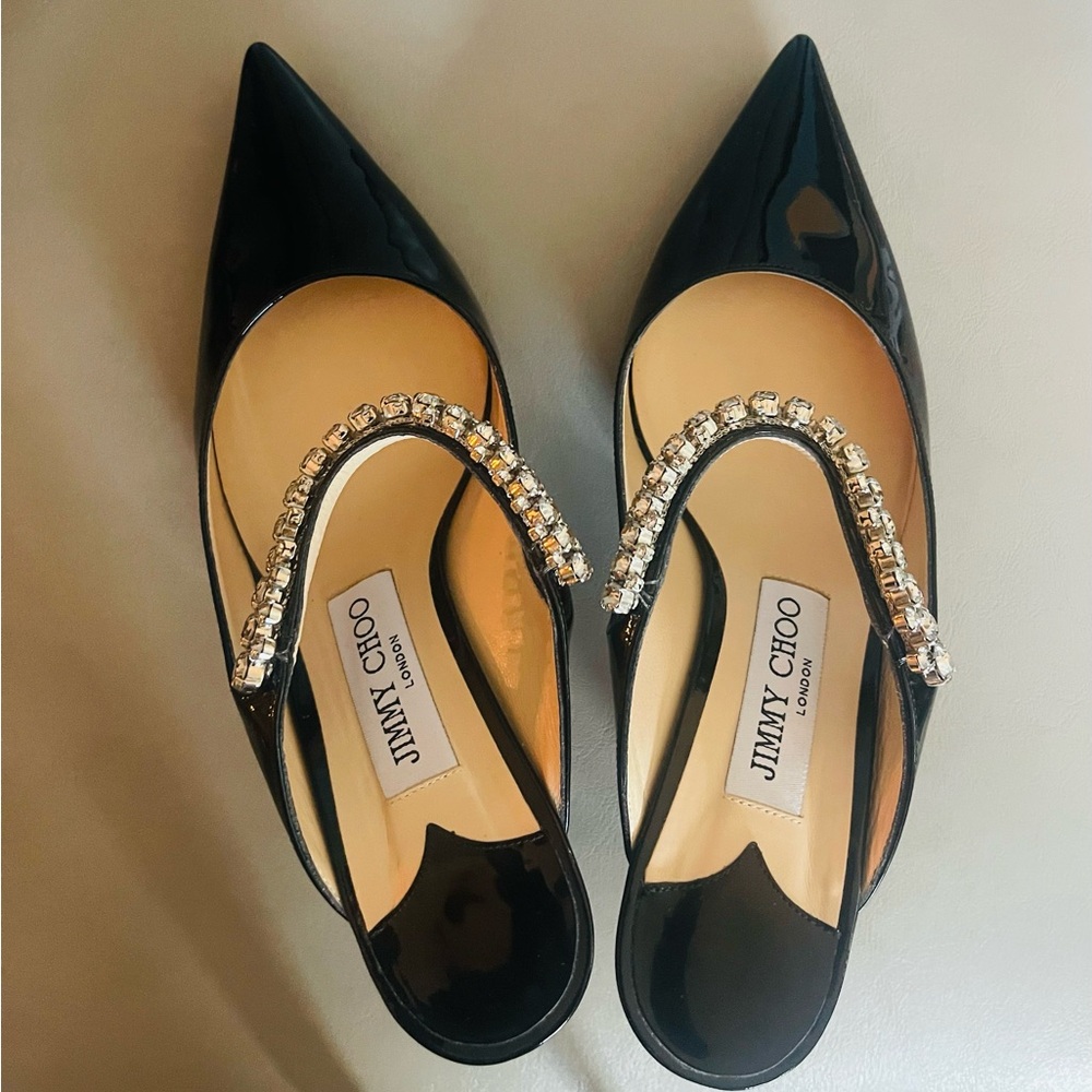 Jimmy Choo Black Patent Heels with Crystal Embellishment